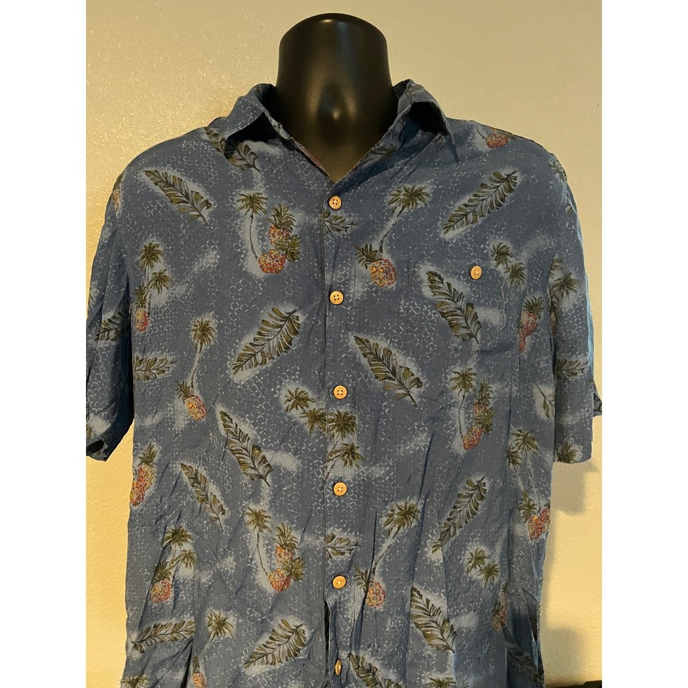 Pronto Uomo Mens Large Blue Tropical Pineapple Palm Tree Rayon Button Down Shirt - Picture 1 of 5